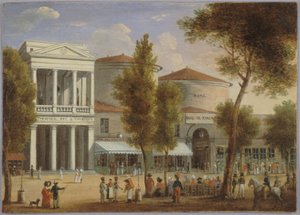 Le théâtre des Variétés et le passage des Panoramas, boulevard Montmartre, 1825 körül, 1825 körül (olaj, karton) alkotó: Unknown artist