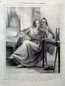 Les grands hommes en chemise Honore de Balzac (1799-1850) író ábrázolása, aki cigarettázó fiatal nőt körülölel. Illusztráció E. Alletről (XIX. század) Paris, Maison Balzac alkotó: Unknown artist