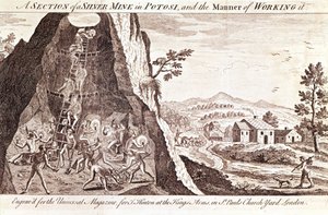 Az ezüstbányák Potosiban, Bolíviában. 19. századi metszet. alkotó: Unknown artist