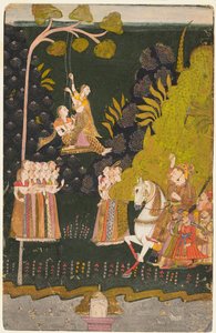 Maharaja Abhai Singh of Marwar (ur. 1724–1749), lovas, lengő lányokat néz a Teej Fesztiválon alkotó: Unknown artist