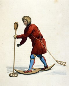 Az ostiak törzs (hanti vagy khante) embere (Szibéria) síel. „Az orosz birodalom kosztümje” metszet, London 1803. alkotó: Unknown artist