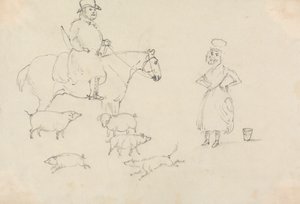Ember lovon, disznókkal alkotó: Unknown artist
