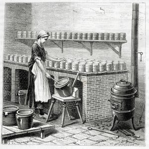 Camembert sajt gyártása (a túrót kagylóba öntik) – Louis Figuier „Az ipar csodái” című művében alkotó: Unknown artist