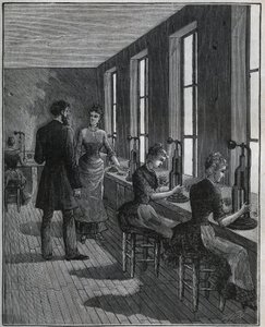 Fémtoll gyártás: dekupázsműhely Franciaországban a 19. században. Metszet 1885-ből Adolphe BITARD „” Les arts et metiers illustres” című könyvébe. alkotó: Unknown artist