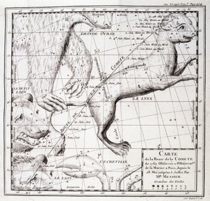 Az 1762-es üstökösút térképe és az égbolt térképe, amelyet Messier figyelt meg - metszet alkotó: Unknown artist