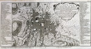 St François de Quito városának és városának térképe – a „Dél-Amerikai Történelmi Utazásban, amelyet Don George Juan és Don Antoine de Ulloa a spanyol király rendje alapján készített””, T.1, C.A. Jombert, Librairie du Roi, Párizs alkotó: Unknown artist