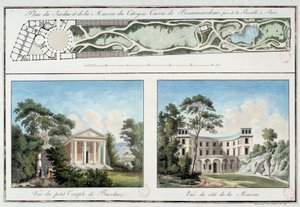 Pierre Augustin Caron de Beaumarchais francia író és drámaíró (1732-1799) kertjének és házának térképe a jelenlegi párizsi Boulevard Beaumarchais-ban. Metszet 1795 körül Párizs, Musee Carnavalet alkotó: Unknown artist