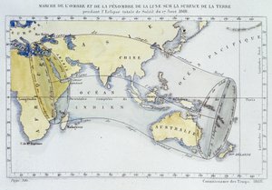 A Bureau of Longitudes által kiadott térkép, amely a Hold árnyékának és sötétségének menetét mutatja a Föld felszínén az 1868-as napfogyatkozás során alkotó: Unknown artist