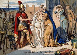 Galeswinthe házassága (567): Galeswinthe elhagyása Chilperichez, a neustriai frank fejéhez. A „Hazafias tanítás kép szerint” sorozat kromolitográfiája”. alkotó: Unknown artist