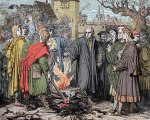 Luther Márton (1483-1546) a wittenbergi felgyújtja a X. Leon pápa által készített kiközösítési buborékot alkotó: Unknown artist