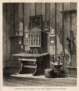 Luther Márton (1483-1546) wartburgi szobája, ahová 1521-es kiközösítése után menedéket talált, az íróasztal fölött arcképével és szülei képével, akiknek szemei alatt fordította le a Bibliát németre és szerkesztette leghíresebb szövegeit. A tinta alkotó: Unknown artist