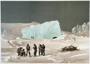 Férfiak és szán a jégen – a „A sarki tenger partjai, sarkvidéki expedíció narrációja” című filmben, Dr. Edward Moos, Marcus Nard & Co, London alkotó: Unknown artist