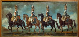 Sárkányok katonai egyenruhái, 1779-es rend szerint: Lanan (n. 20), Belsunce (n. 21), Languedoc (n. 22), Schomberg (n. 24) Névtelen festmény 1779-ből. Párizs, Musee de l