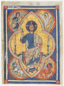 Zsoltárból kivágott miniatűr: Krisztus a felségben a négy evangélista jelképeivel alkotó: Unknown artist