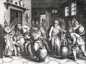 Elizeus csodája, a bibliai próféta és Illés tanítványa, aki köpenyével átadja neki szellemét és erejét. Metszet 1724-ből. alkotó: Unknown artist