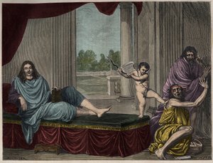 Moliere Jean Baptiste Poquelin (1622-1673) a vígjáték dzsinnjét idézi a bűn leverésére és a képmutatás levezetésére - Metszet egy 17. századból eltűnt festmény után alkotó: Unknown artist