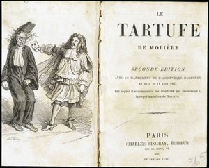 Moliere színházi maszkkal ijesztgeti az egyházat – Frontispiece du „Tartuffe”” (Tartufe) de Molière, szerk. Hingray, Párizs alkotó: Unknown artist