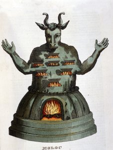 Moloch. Ősi karthágói istenség. A gyerekeket feláldoztuk neki úgy, hogy a lángok közé dobtuk őket. századi metszet. alkotó: Unknown artist