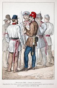 Montagnards (1848), egy csapat harcos, akik közül az egyik a fríg sapkát és a forradalmi kokárdát viseli. Eau forte en couleurs, Alexandre Ledru-Rollin (Ledru Rollin) (1807-1874) kérésére elkészített rajz reprodukciója az épület udvarán. alkotó: Unknown artist