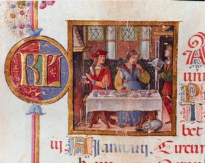 Január hónap: bankett jelenet. Miniatűr Herkules (Ercole) I d
