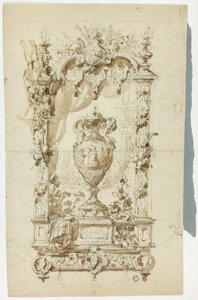 Monumentális váza díszes keretben (recto); Vázlat álló emberről napernyővel és papagájjal, valamint építészeti tanulmányok (verso) alkotó: Unknown artist