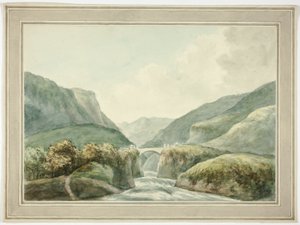 Mountain Town by Bridge Spanning Rapids alkotó: Unknown artist