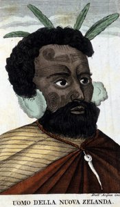 Új-Zéland őslakos maorija. 19. századi metszet. alkotó: Unknown artist