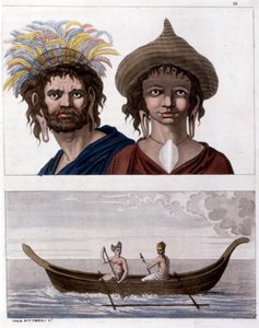 A polinéziai Húsvét-szigeten (Rapa Nui) őshonos, a Long Ears klán tagjai. Lent az egyik hajójuk. - Jules Ferrario „A régi és modern jelmez” című művében alkotó: Unknown artist