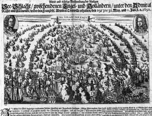 La Hougue-i haditengerészeti csata (1692), amely XIV. Lajos Hollandiával szállt szembe. Metszés. 18. század. alkotó: Unknown artist