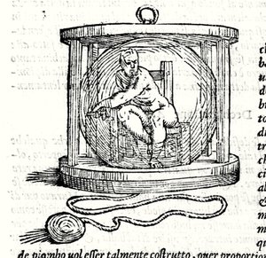 Nicoli Fontana második öltönye, a Tartaglia (1499 - 1557). Ez egy kristálygömböt biztosít, amelyben a búvár bezárja magát. Metszet 16. század. alkotó: Unknown artist