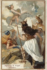 Skandináv mitológia: A Walkűrök (szüzek harcosai) Valhollban (vagy Walhalla, Valhalla, Valhalle: hely, ahová a bátor harcosokat viszik) és a harcosok bukása a csatában. századi kromolitográfia alkotó: Unknown artist