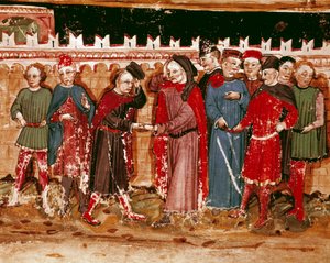 A Miniatűr gabelle tisztviselői a kéziratból (Ms. H V-5) „Codex de Privileges” alkotó: Unknown artist