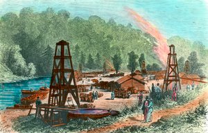 Olajkutak a Tarr Farmban Pennsylvaniában, Amerikai Egyesült Államokban. századi metszet. Magángyűjtemény alkotó: Unknown artist