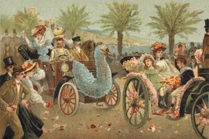 Régi szokás, amelyet Nizza megyében ünnepelnek: a virágos corso Nizzában. A 19. század végének kromolitográfiája. alkotó: Unknown artist