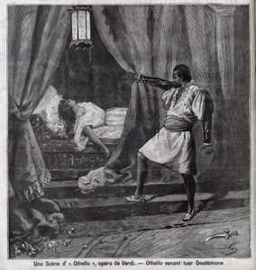 Othello most ölte meg Desdemonát az ágyában. Giuseppe Verdi (1813-1901) „” Othello” című opera jelenete, metszet a „” Le Parisien”-ben” alkotó: Unknown artist