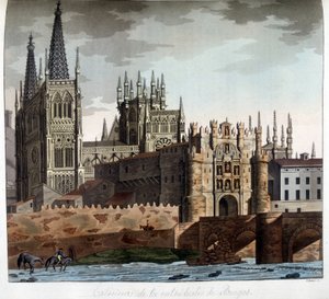 A gótikus Szent Mária-székesegyházon kívül Burgosban, Spanyolországban. századi litográfia. alkotó: Unknown artist