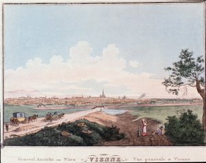 Bécs városának áttekintése a Dunán átívelő híddal. Ausztria Metszet 1830-ból Magángyűjtemény alkotó: Unknown artist