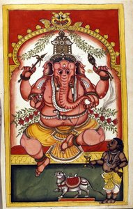 Ganesha (Ganesh vagy Ganapati) hindu istenséget, a kereskedők, utazók és tolvajok védőszentjét ábrázoló oldal. Az oldal a kéziratból (ms.8300) származik: Stefano Nivibus Cardeira „Mogol története”” (Moghul vagy Moghol). 18. század. Bibloteca marciana, Vele alkotó: Unknown artist