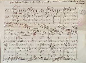A Symphony concertante hegedűre és brácsára E-szíj kottájának oldala, Mozarttól, Lichtenthal változat alkotó: Unknown artist