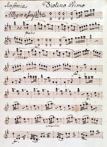 Szimfónia első hegedűjére írt kotta lapja. 4 in D, Mozart (1765) alkotó: Unknown artist