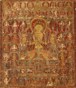 Festett transzparens (Thangka) a bódhiszattva Manjushri Vajrapani (jobbra) és Padmapani (balra) társaságában. alkotó: Unknown artist