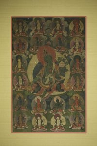 Festett zászló (Thangka) a Zöld Tara húsz megnyilvánulással körülvéve alkotó: Unknown artist