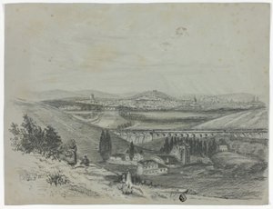 Panorámakép a vasúti hídra és a városra alkotó: Unknown artist