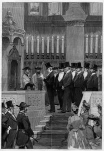 Párizs 1890: Zadoc Kahn (Zadoc-Kahn) (1839-1905) francia nagy rabbi beiktatása. Monsieur Alphonse de Rothschild (1827-1905) felolvassa a jelölési parancsot. alkotó: Unknown artist