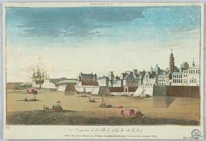 Peep-show, perspektivikus kilátás Cadiz városára a kikötő partjáról alkotó: Unknown artist
