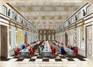 Perspektivikus nézet a Salle des Festins de Versailles-ról a béke ünneplésére 1763-ban Nagy-Britannia, Franciaország és Spanyolország között. alkotó: Unknown artist