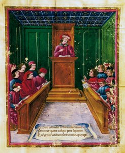 Pietro da Unzola jogi szövegről előadást tart a diákoknak jogi előadás közben a Bolognai Egyetemen, Miniatűr Liber jogok és kiváltságok közjegyzőktől Bologna kézirata, Olaszország alkotó: Unknown artist