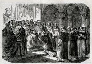 Adrien pápa (792-872) átadta egyik legátusának a Lord Normand elleni kiközösítési buborékot. Metszet - „A pápák története” című részben, sd. 19. század. alkotó: Unknown artist