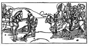 I. Leó pápa találkozik Attilával és megállítja őt – Metszet a „Leben der Heiligen - sommerteil”-ből (A szent könyvéből) Voragine-i Jacobus (Jakab) (1228-1298) alkotása. Lübeck 1488. alkotó: Unknown artist