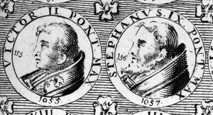 II. Viktor pápák (vagy 2. Viktor 1057-ben halt meg) és IX. István (vagy 9. István 1058-ban halt meg). 18. századi metszet. alkotó: Unknown artist